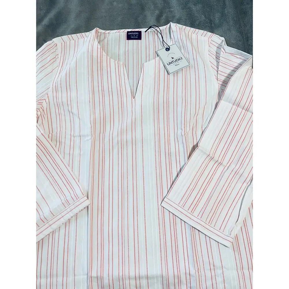 NWT UNTUCKIT Durfort Top White Pink Striped Tunic Blouse Cotton V-Neck - Picture 2 of 7